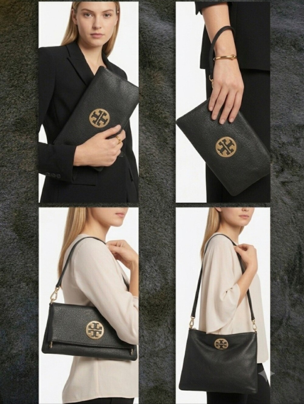 Tory Burch Miller Black Leather Clutch Wristlet & Convertible Shoulder Bag